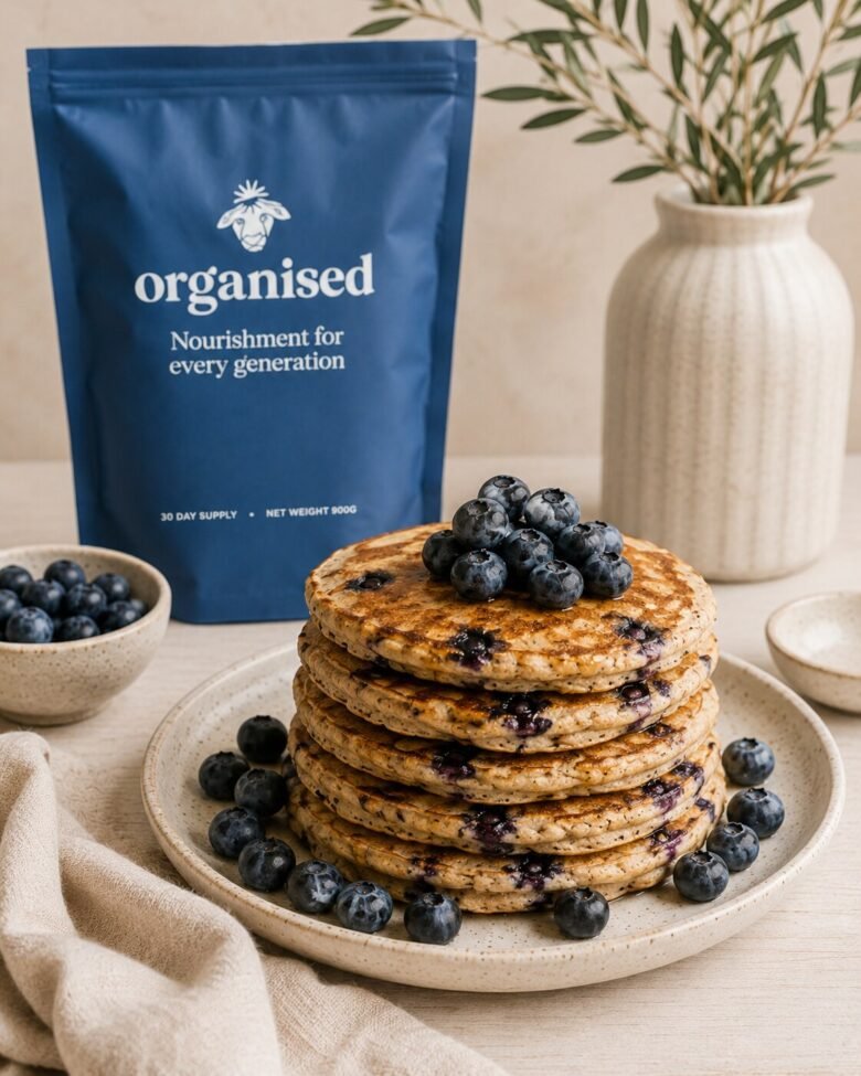 Stack of high-protein blueberry pancakes with Organised powder in the background